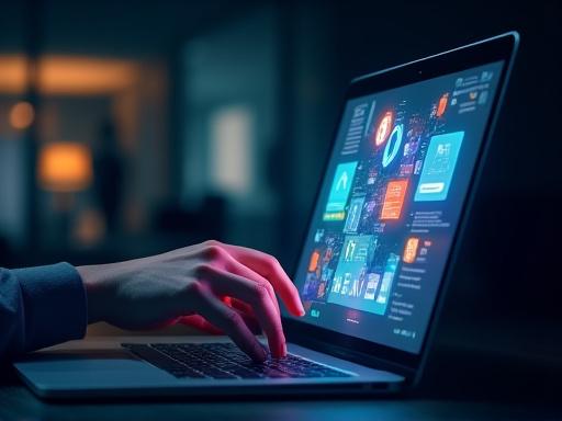 Una persona usando una laptop con gráficos de redes sociales en la pantalla.